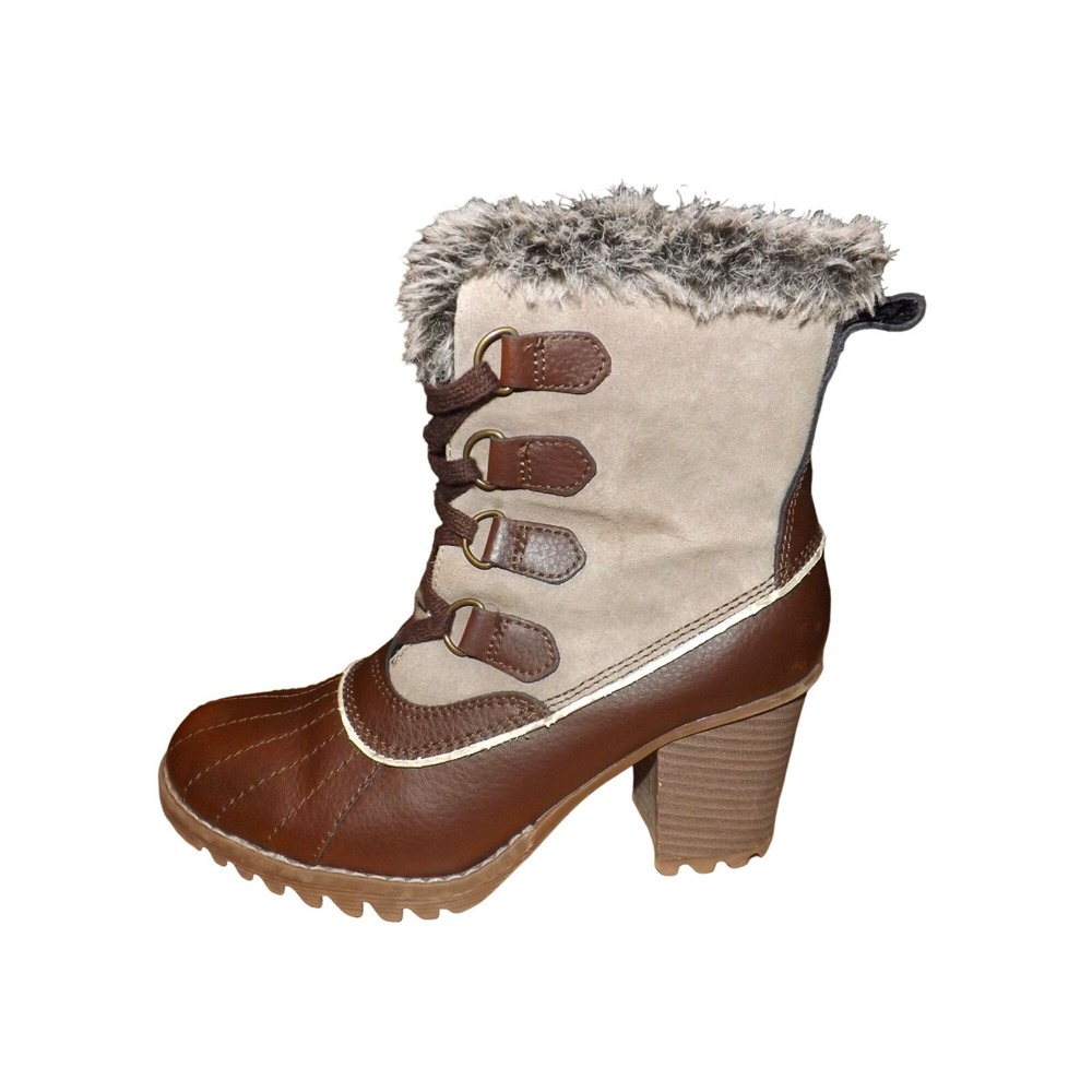 Skechers Heeled Duck Boots Faux Fur Two-Tone Brown Lace Up Winter Women's Size 8